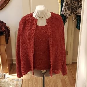 CURATED BY RUA'H KIBRIYA: Vintage Red 4-Way Stretch Sleeveless Shell/Cardigan